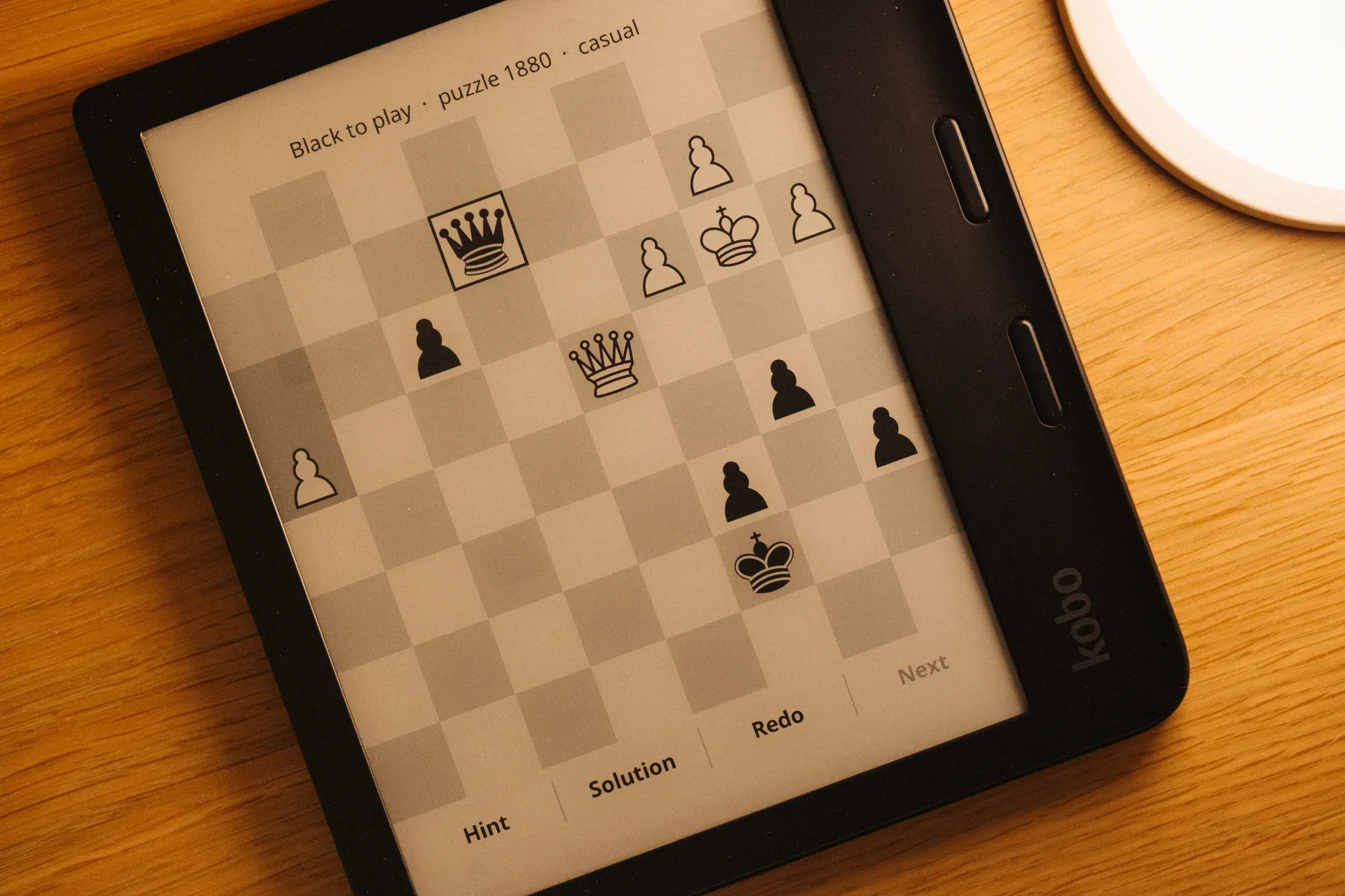 Puzzle screen showing the hint, solution, redo and next controls, with the puzzle in casual mode
